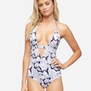 TAVIK Emme Honey Evening Black & White Floral Plunge One-Piece Swimsuit SZ S